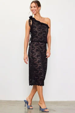 SKIES ARE BLUE Skirts*High Waisted Lace Midi Skirt Black