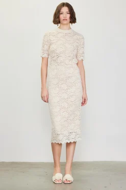 SKIES ARE BLUE Skirts*High Waisted Lace Midi Skirt Ivory