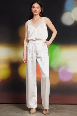 SKIES ARE BLUE Pants*High Waisted Satin Straight Leg Pant Cream