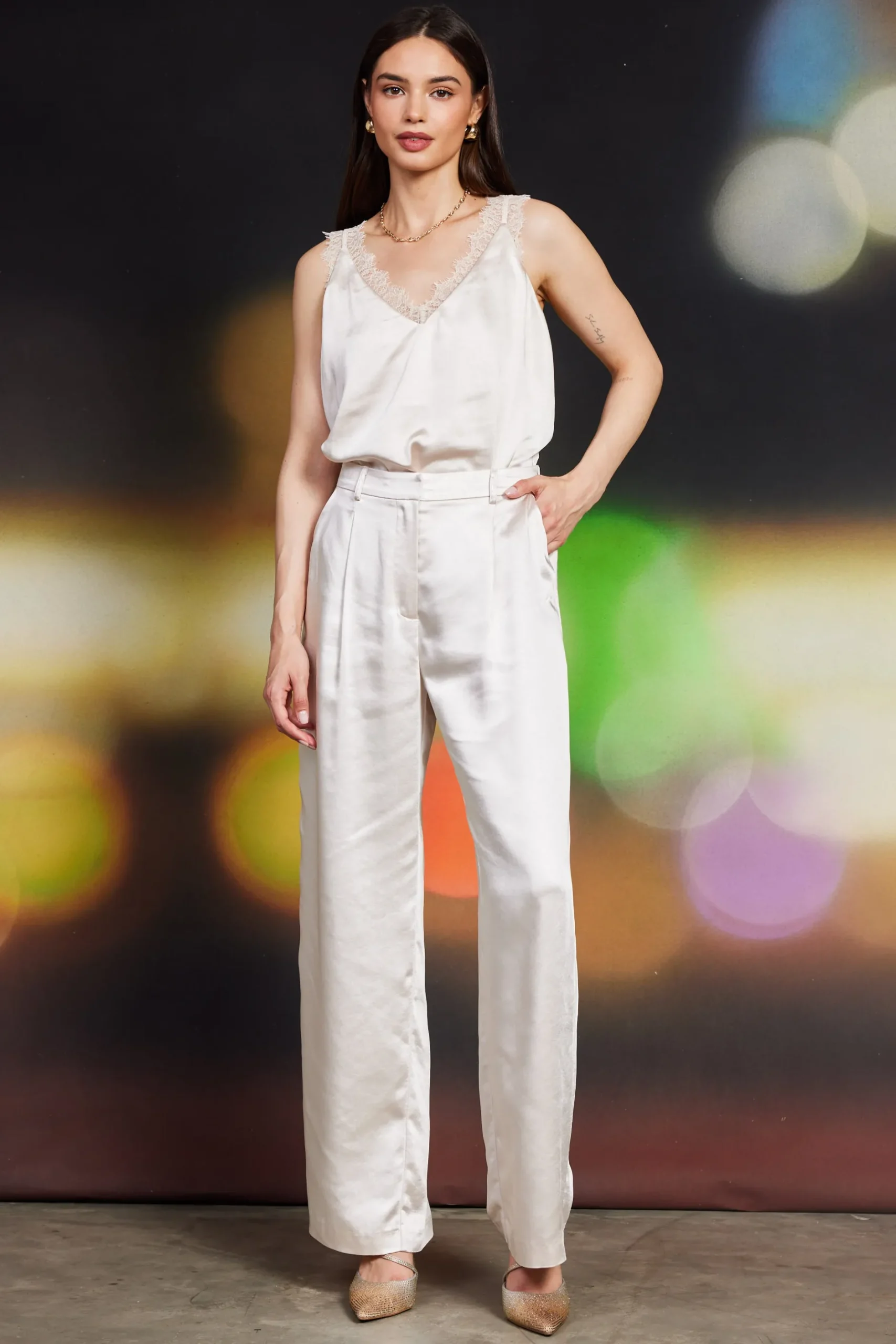 SKIES ARE BLUE Pants*High Waisted Satin Straight Leg Pant Cream
