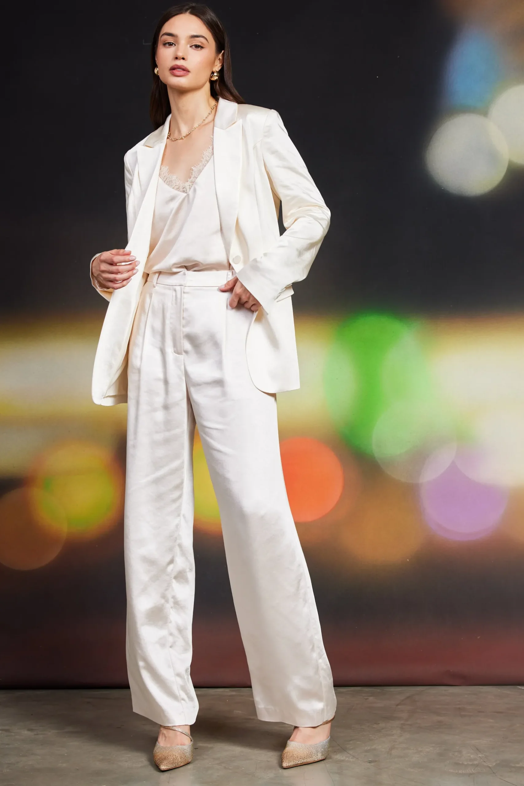 SKIES ARE BLUE Pants*High Waisted Satin Straight Leg Pant Cream