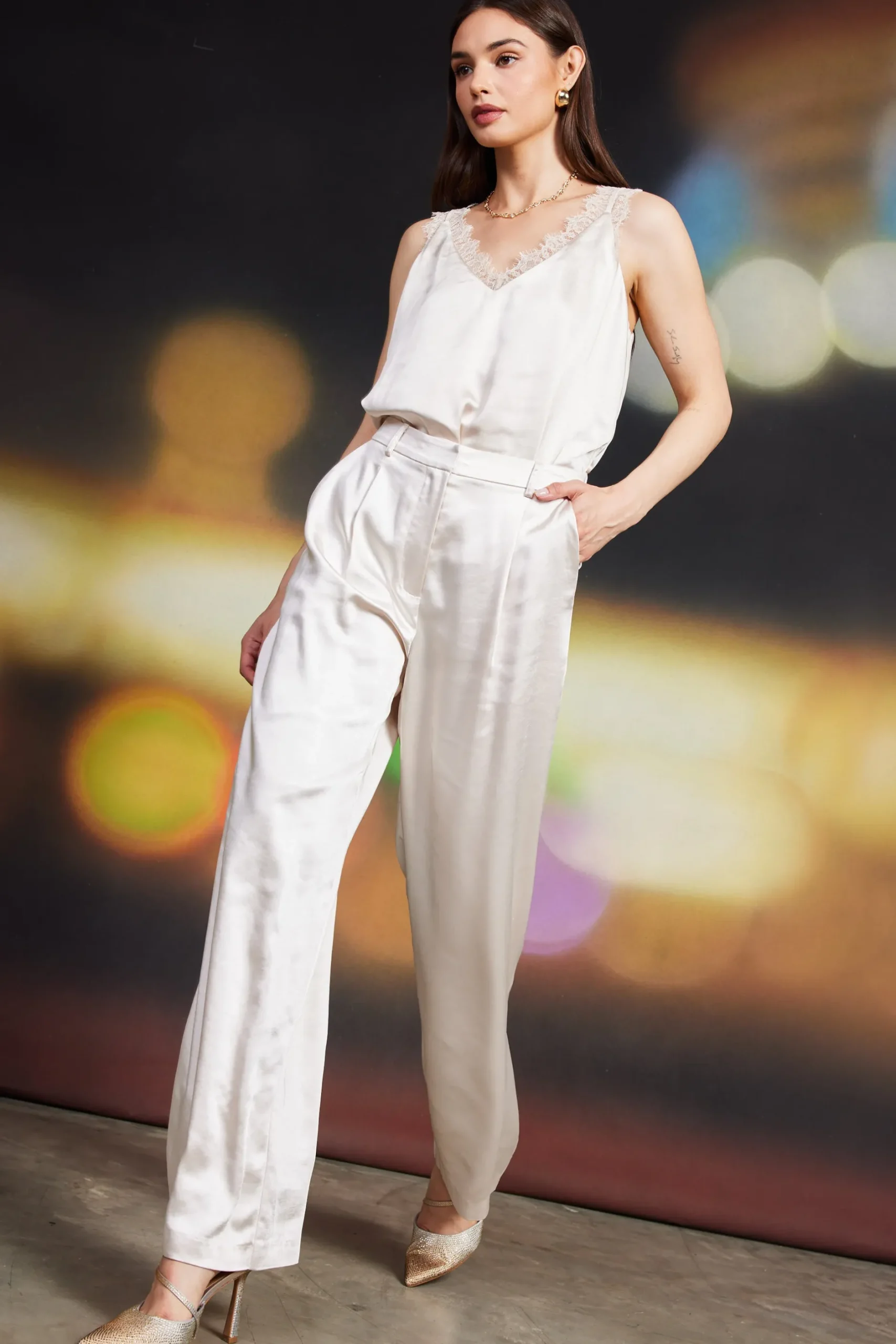 SKIES ARE BLUE Pants*High Waisted Satin Straight Leg Pant Cream
