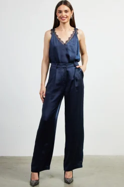SKIES ARE BLUE Pants*High Waisted Satin Straight Leg Pant Navy
