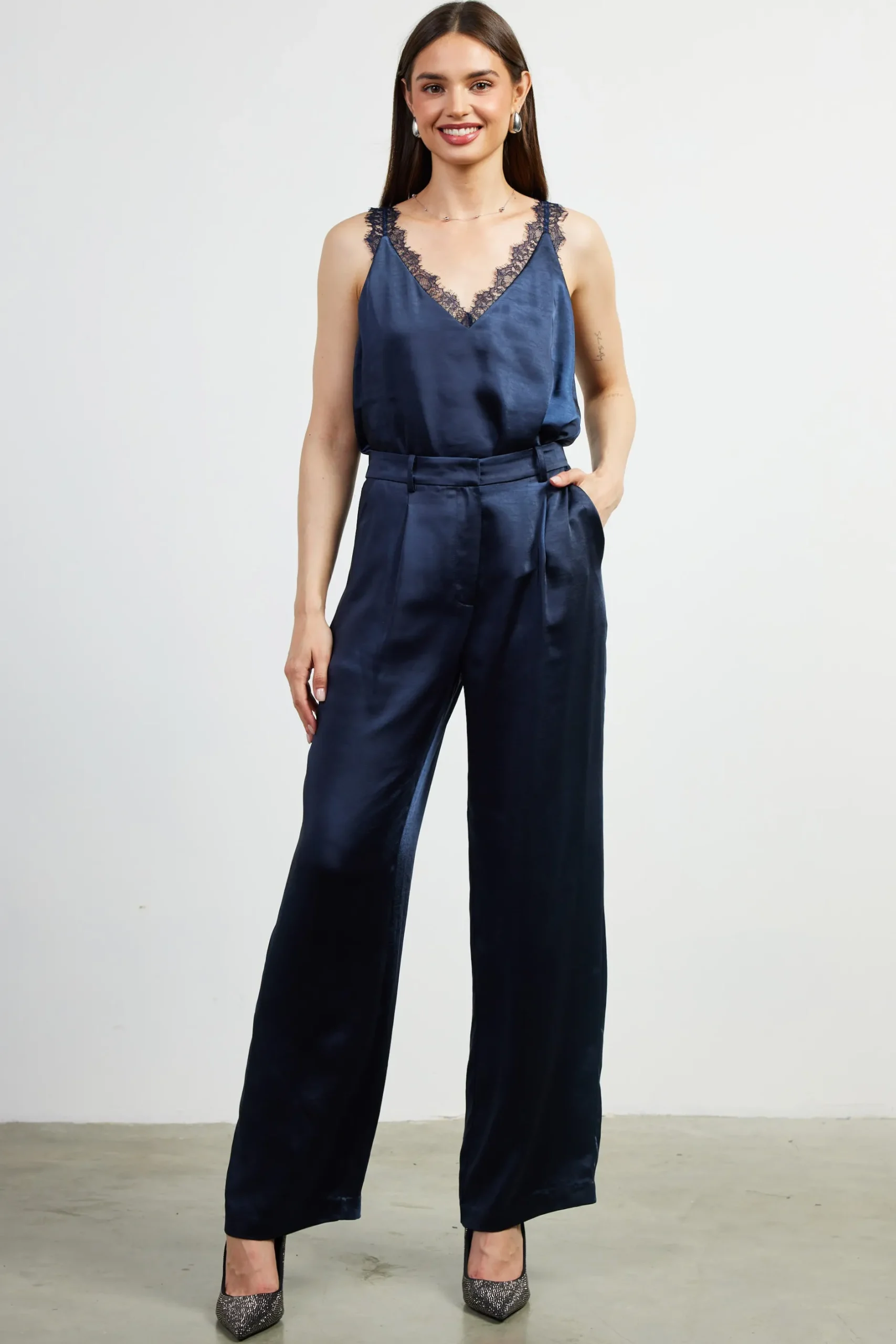 SKIES ARE BLUE Pants*High Waisted Satin Straight Leg Pant Navy