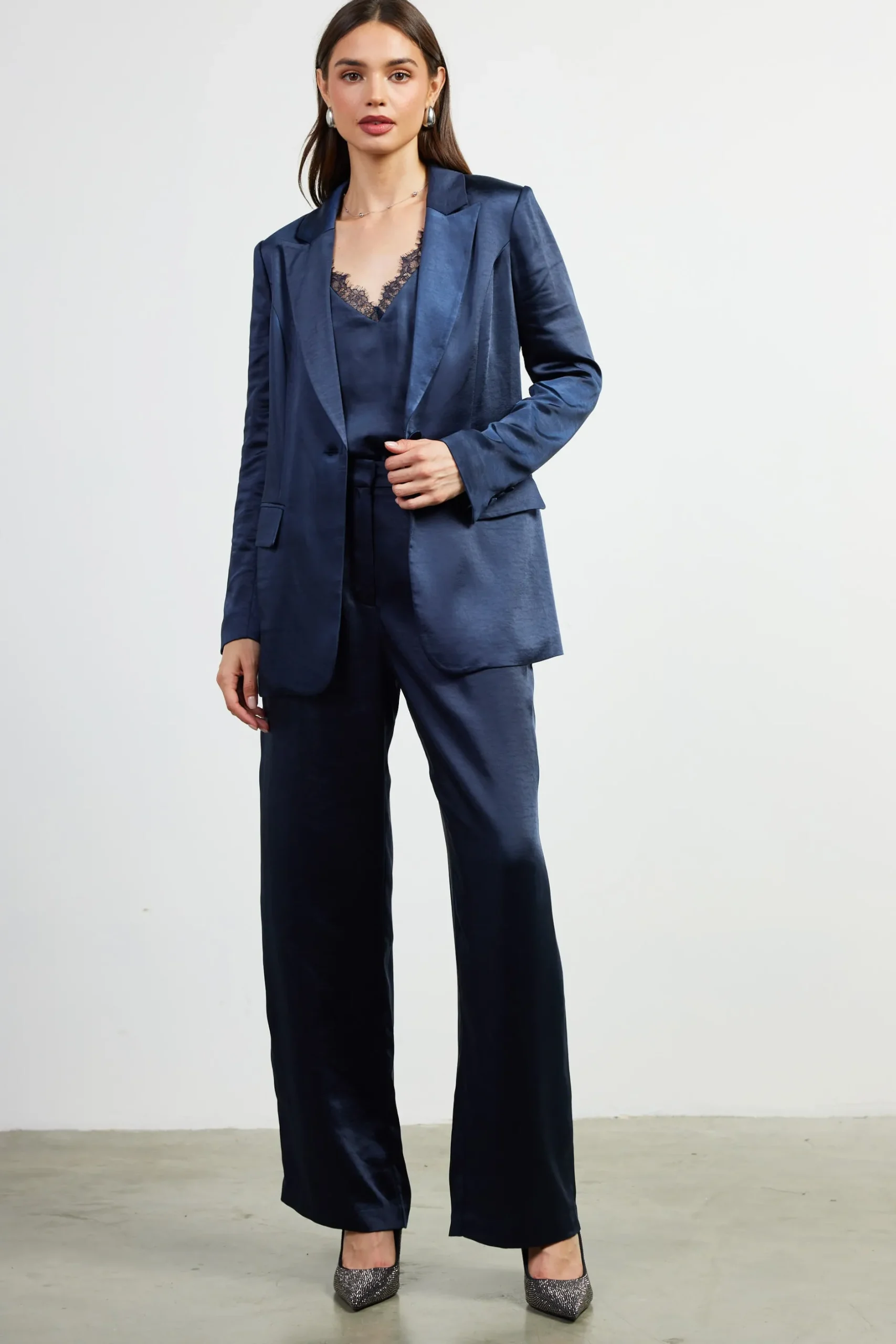 SKIES ARE BLUE Pants*High Waisted Satin Straight Leg Pant Navy