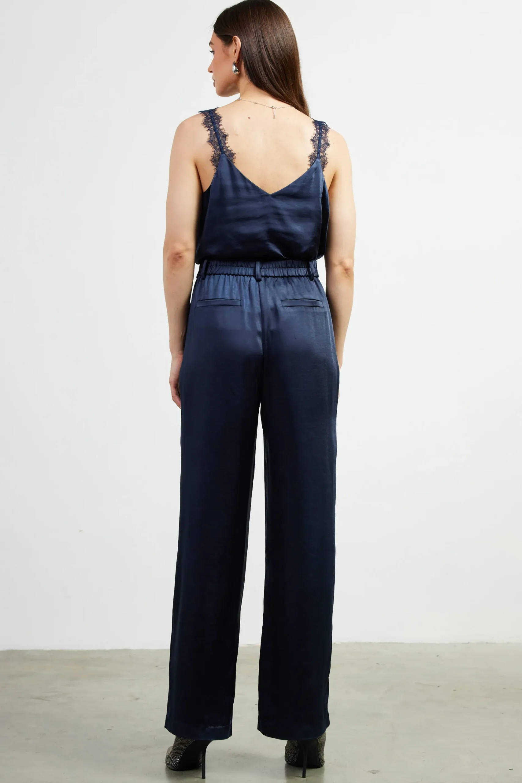 SKIES ARE BLUE Pants*High Waisted Satin Straight Leg Pant Navy