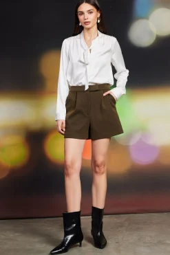 SKIES ARE BLUE Shorts*High-Rise Pleated Knit Shorts Olive