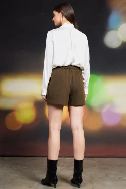 SKIES ARE BLUE Shorts*High-Rise Pleated Knit Shorts Olive