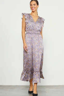 SKIES ARE BLUE Midi Dresses*Indira Floral Print Smocked Waist Dress Indigo-floral