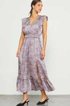 SKIES ARE BLUE Midi Dresses*Indira Floral Print Smocked Waist Dress Indigo-floral