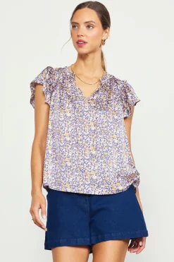 SKIES ARE BLUE Short Sleeve Tops*Indira Floral Print Split Neck Top Indigo-floral