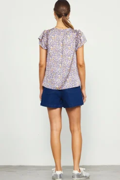 SKIES ARE BLUE Short Sleeve Tops*Indira Floral Print Split Neck Top Indigo-floral