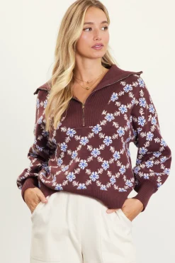 SKIES ARE BLUE Sweaters*Intarsia Knit Half Zip Sweater Chocolate-ivory