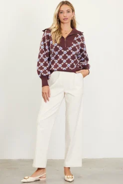 SKIES ARE BLUE Sweaters*Intarsia Knit Half Zip Sweater Chocolate-ivory