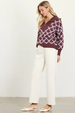 SKIES ARE BLUE Sweaters*Intarsia Knit Half Zip Sweater Chocolate-ivory