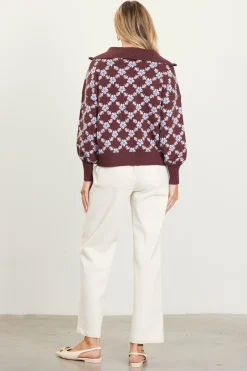 SKIES ARE BLUE Sweaters*Intarsia Knit Half Zip Sweater Chocolate-ivory