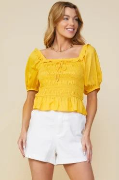 SKIES ARE BLUE Short Sleeve Tops*Jacquard Satin Smocked Top Mangosorbet