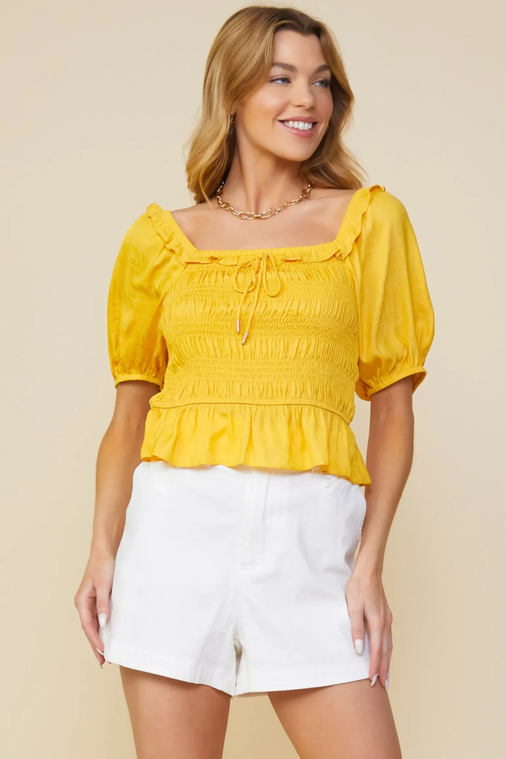 SKIES ARE BLUE Short Sleeve Tops*Jacquard Satin Smocked Top Mangosorbet