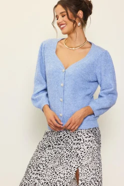 SKIES ARE BLUE Sweaters*Jewelry Button Puff Sleeve Cardigan Skyblue