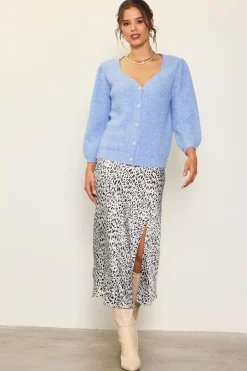 SKIES ARE BLUE Sweaters*Jewelry Button Puff Sleeve Cardigan Skyblue