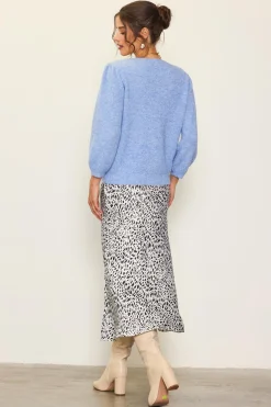 SKIES ARE BLUE Sweaters*Jewelry Button Puff Sleeve Cardigan Skyblue