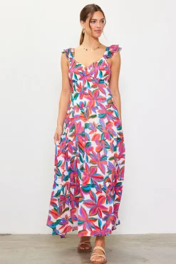 SKIES ARE BLUE Maxi Dresses*Juliette Floral Print Ruffle Sleeve Maxi Dress Redfloral