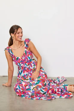 SKIES ARE BLUE Maxi Dresses*Juliette Floral Print Ruffle Sleeve Maxi Dress Redfloral