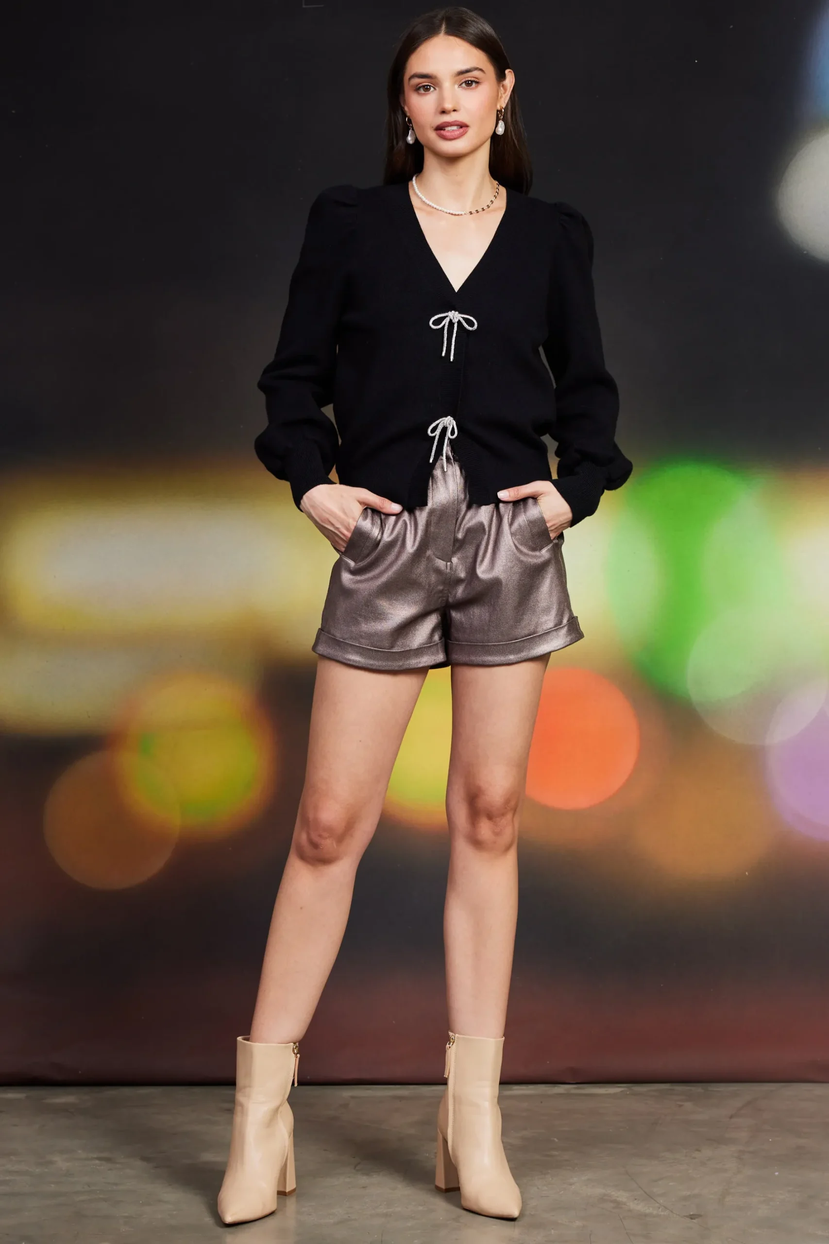 SKIES ARE BLUE Sweaters*Kaira Ribbon Detail Puff Sleeve Cardigan Black