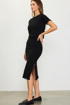 SKIES ARE BLUE Skirts*Knit Midi Ruffle Detail Skirt Black