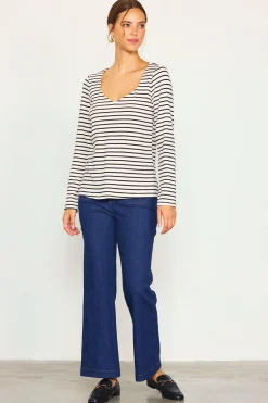 SKIES ARE BLUE Long Sleeve Tops*Knit Striped Longsleeve Top Cream-black