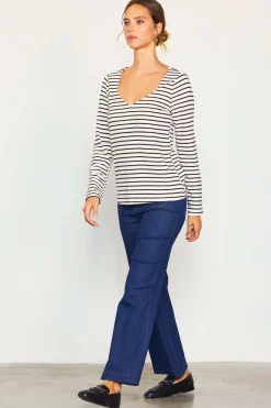 SKIES ARE BLUE Long Sleeve Tops*Knit Striped Longsleeve Top Cream-black