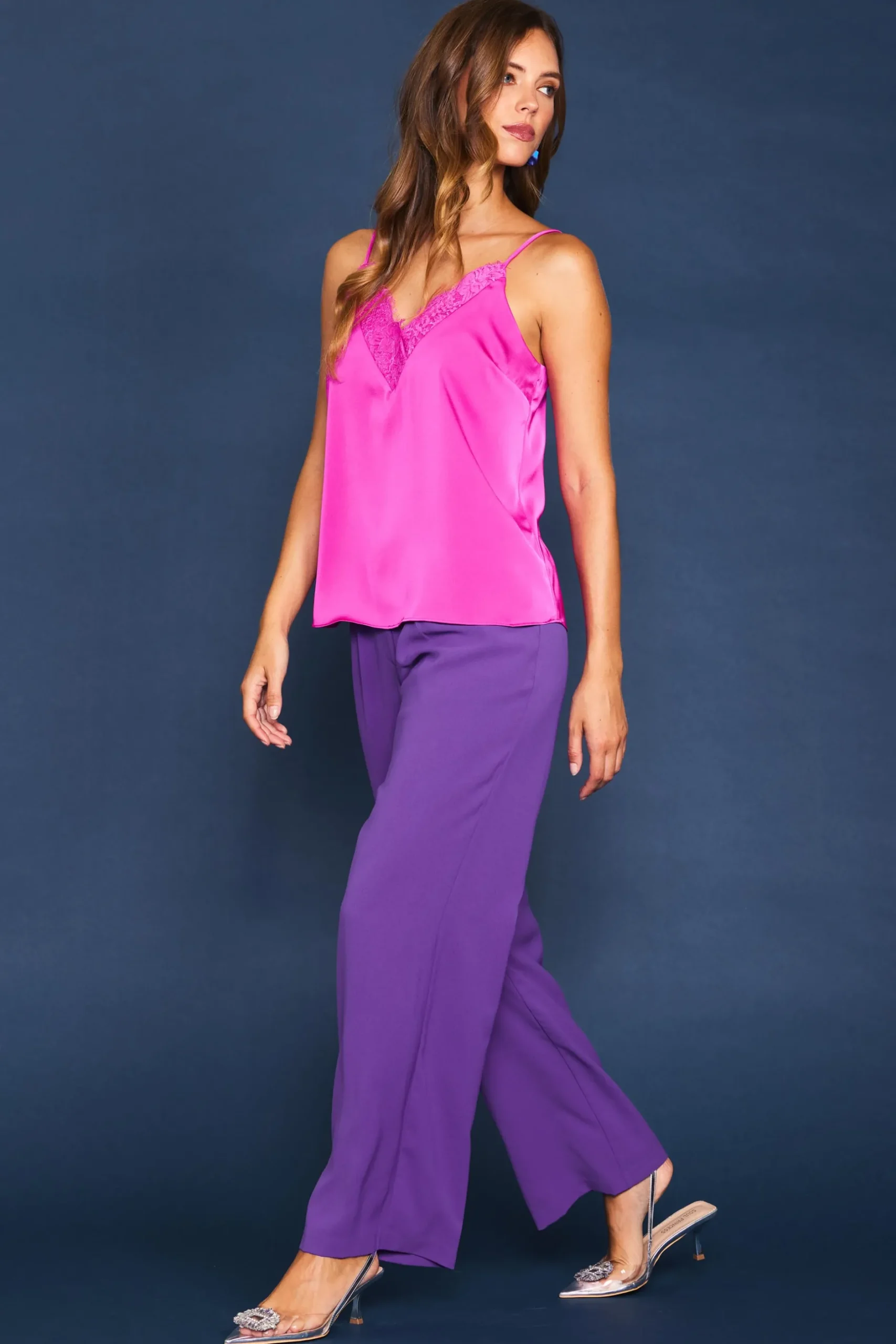 SKIES ARE BLUE Sleeveless Tops*Lace Detail Cami Magenta