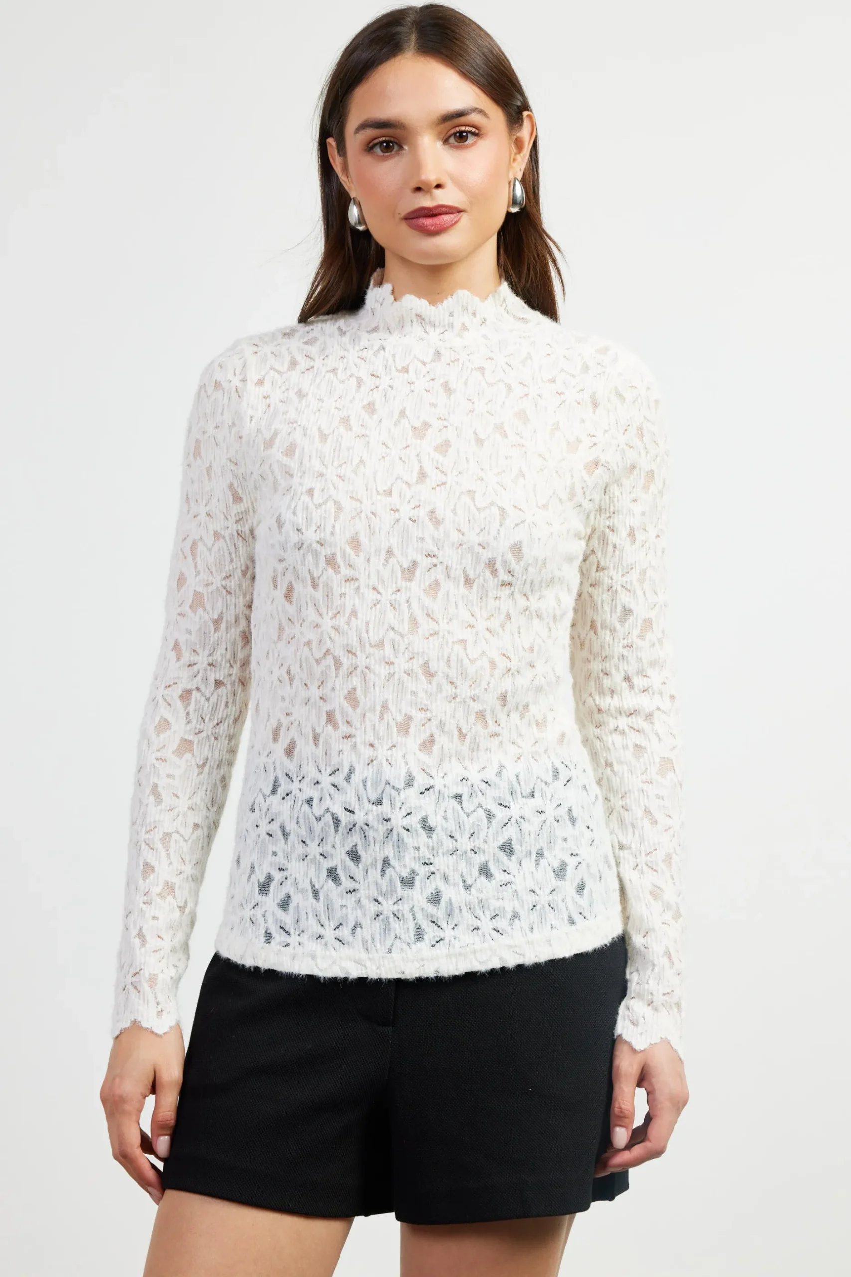 SKIES ARE BLUE Long Sleeve Tops*Lace Mock Neck Top Offwhite