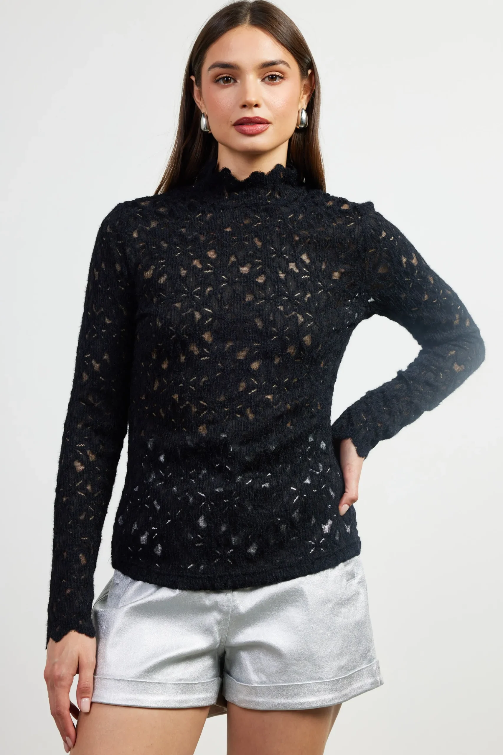 SKIES ARE BLUE Long Sleeve Tops*Lace Mock Neck Top Black