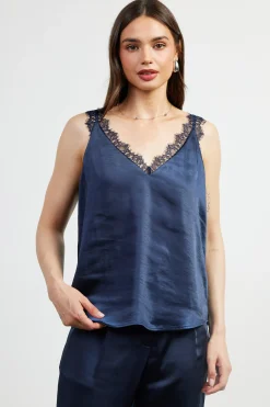 SKIES ARE BLUE Sleeveless Tops*Lace Trim Cami Top Navy
