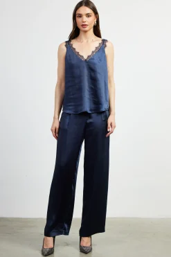 SKIES ARE BLUE Sleeveless Tops*Lace Trim Cami Top Navy