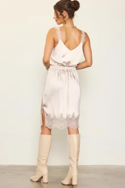 SKIES ARE BLUE Skirts*Lace Trim Satin Midi Skirt Champagne