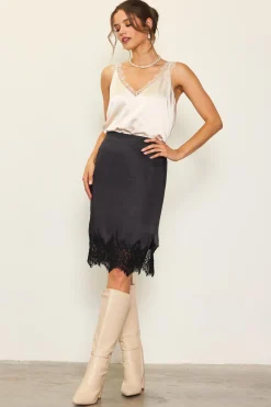 SKIES ARE BLUE Skirts*Lace Trim Satin Midi Skirt Black