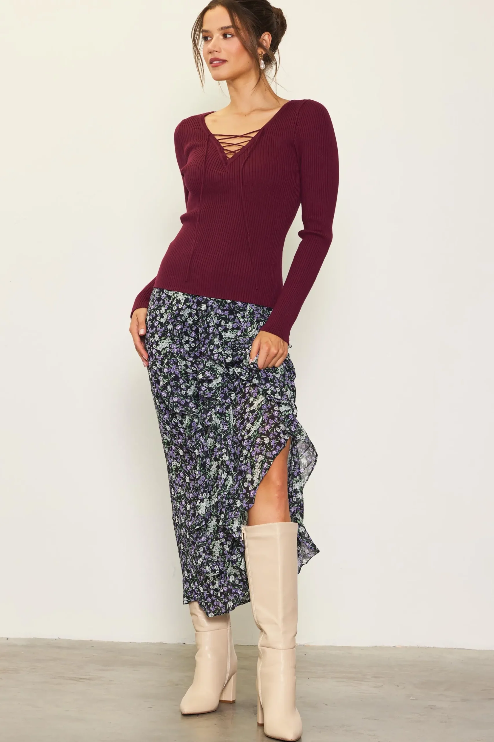 SKIES ARE BLUE Long Sleeve Tops*Laced Up Long Sleeve Knit Top Plum