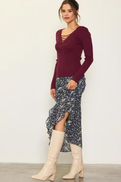 SKIES ARE BLUE Long Sleeve Tops*Laced Up Long Sleeve Knit Top Plum