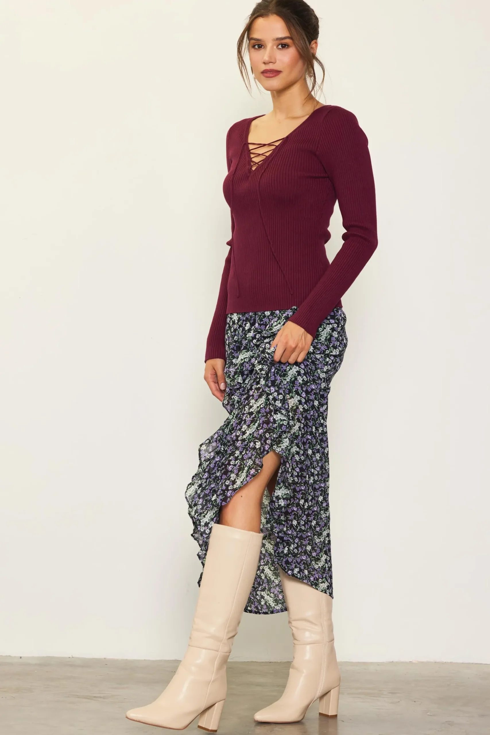 SKIES ARE BLUE Long Sleeve Tops*Laced Up Long Sleeve Knit Top Plum
