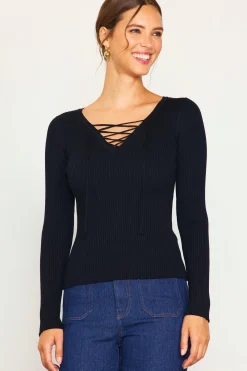 SKIES ARE BLUE Long Sleeve Tops*Laced Up Long Sleeve Knit Top Black