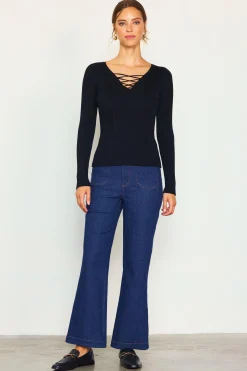 SKIES ARE BLUE Long Sleeve Tops*Laced Up Long Sleeve Knit Top Black
