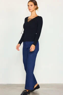 SKIES ARE BLUE Long Sleeve Tops*Laced Up Long Sleeve Knit Top Black