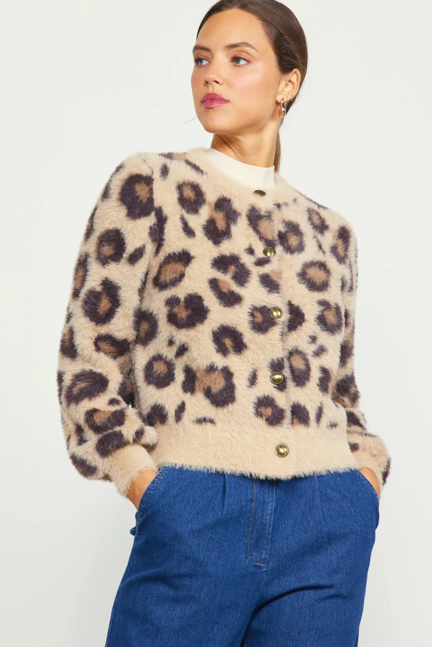 SKIES ARE BLUE Outerwear*Fuzzy Cardigan Leopard