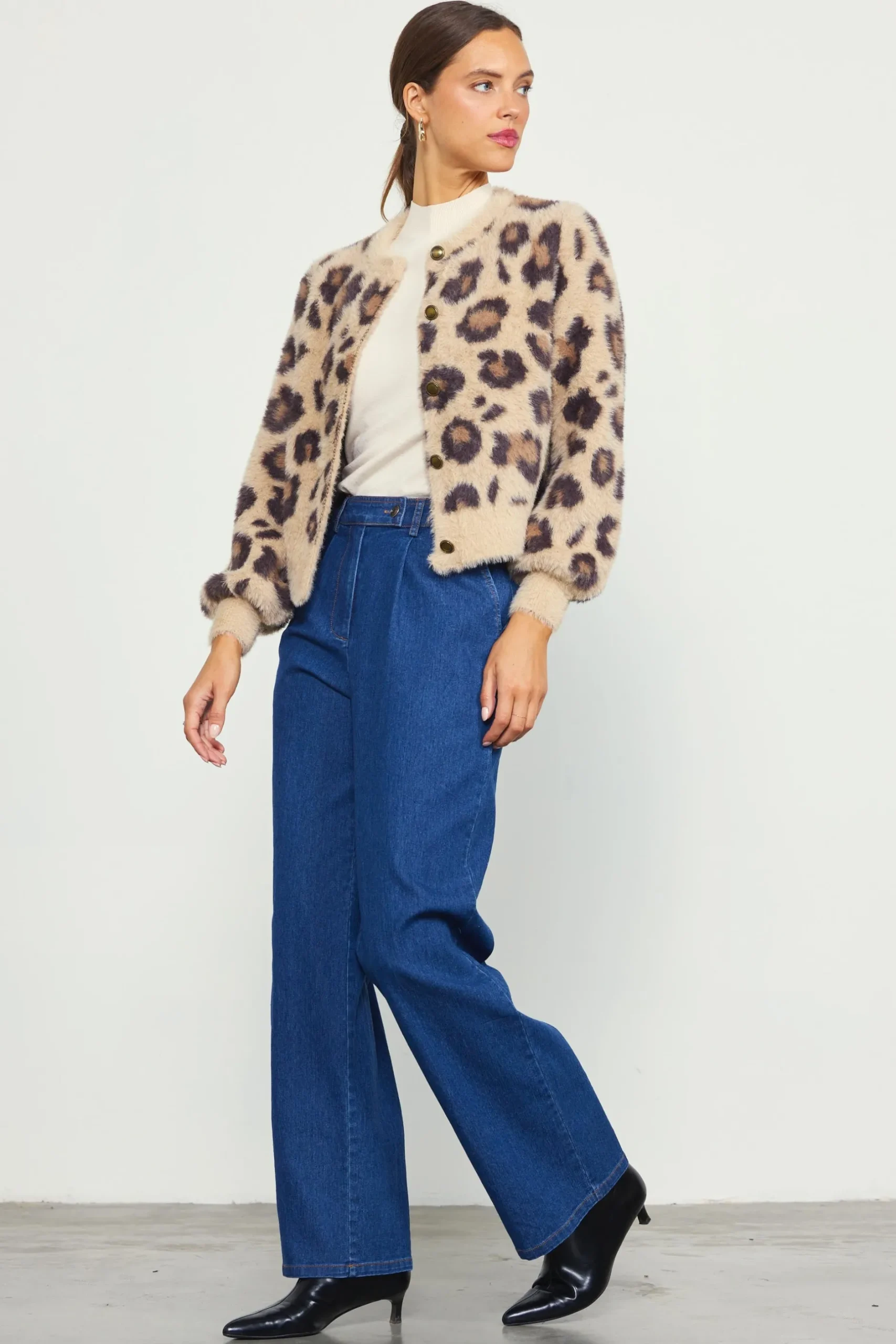 SKIES ARE BLUE Outerwear*Fuzzy Cardigan Leopard