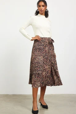 SKIES ARE BLUE Skirts*Leopard Print Pleated Midi Skirt Camel-black
