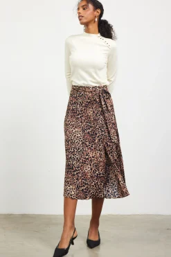 SKIES ARE BLUE Skirts*Leopard Print Pleated Midi Skirt Camel-black