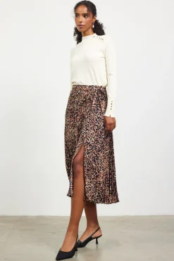 SKIES ARE BLUE Skirts*Leopard Print Pleated Midi Skirt Camel-black