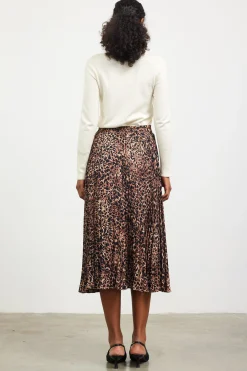 SKIES ARE BLUE Skirts*Leopard Print Pleated Midi Skirt Camel-black